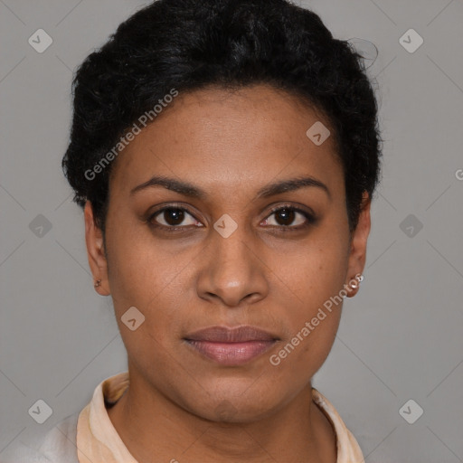 Neutral black young-adult female with short  black hair and brown eyes