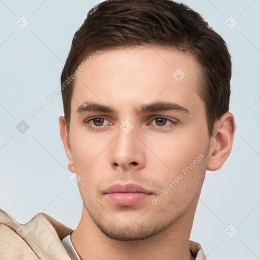 Neutral white young-adult male with short  brown hair and brown eyes