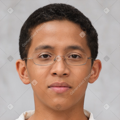 Neutral latino young-adult male with short  brown hair and brown eyes