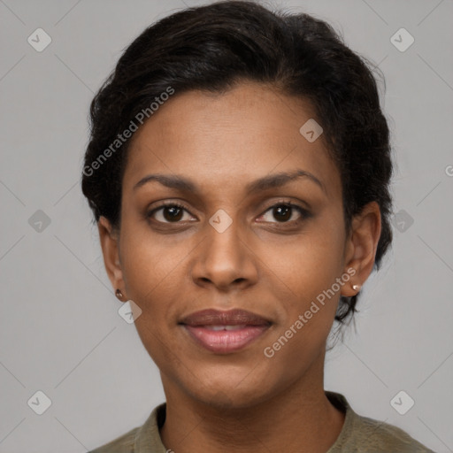 Joyful latino young-adult female with short  brown hair and brown eyes