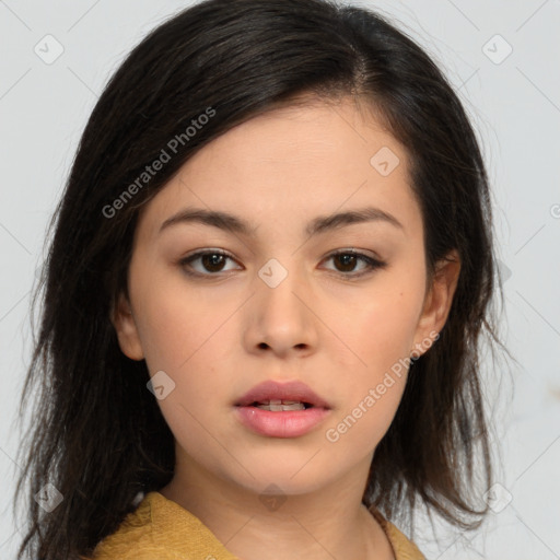 Neutral asian young-adult female with medium  brown hair and brown eyes