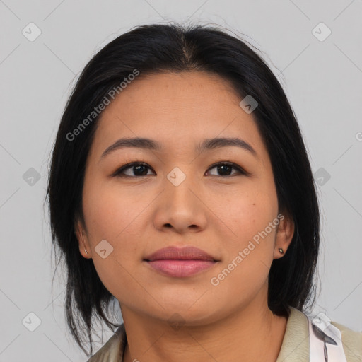 Joyful asian young-adult female with medium  black hair and brown eyes