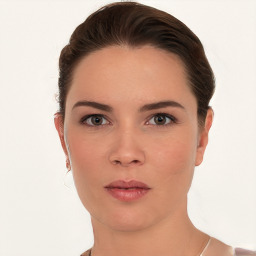 Neutral white young-adult female with short  brown hair and brown eyes