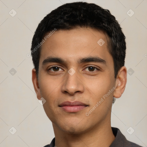 Neutral latino young-adult male with short  black hair and brown eyes