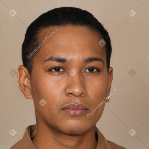 Neutral latino young-adult male with short  brown hair and brown eyes