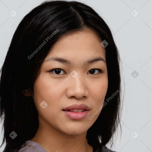 Joyful white young-adult female with medium  black hair and brown eyes