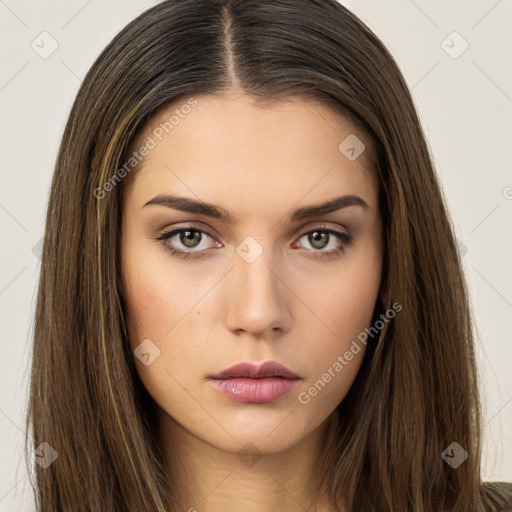 Neutral white young-adult female with long  brown hair and brown eyes