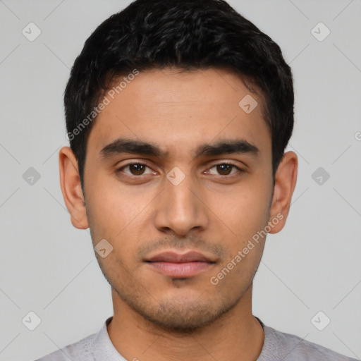 Neutral latino young-adult male with short  black hair and brown eyes