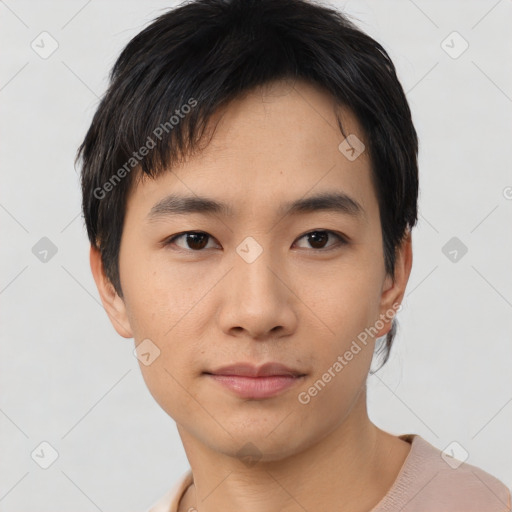 Neutral asian young-adult male with short  black hair and brown eyes