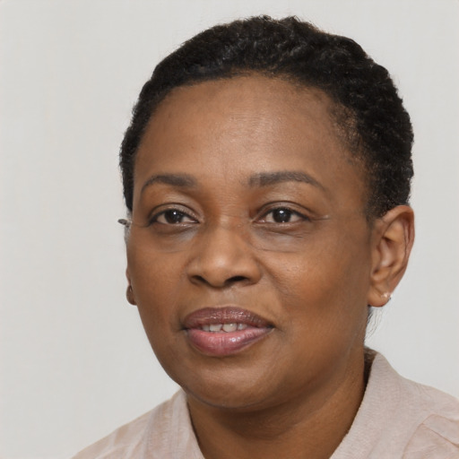 Joyful black adult female with short  black hair and brown eyes