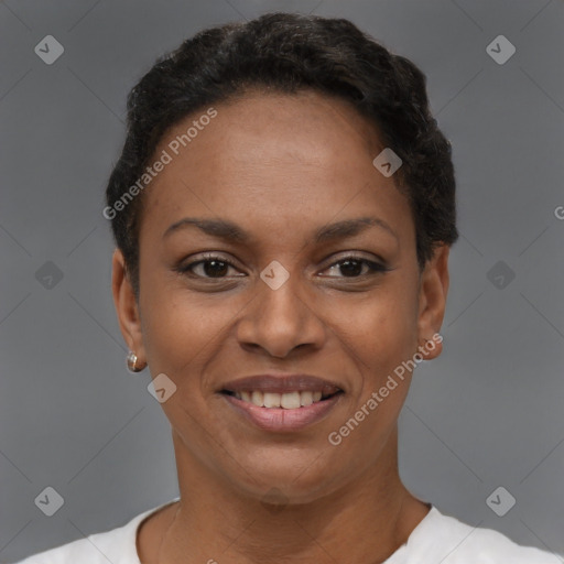 Joyful latino young-adult female with short  brown hair and brown eyes