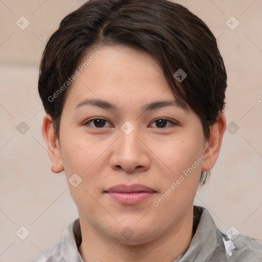 Joyful white young-adult female with short  brown hair and brown eyes