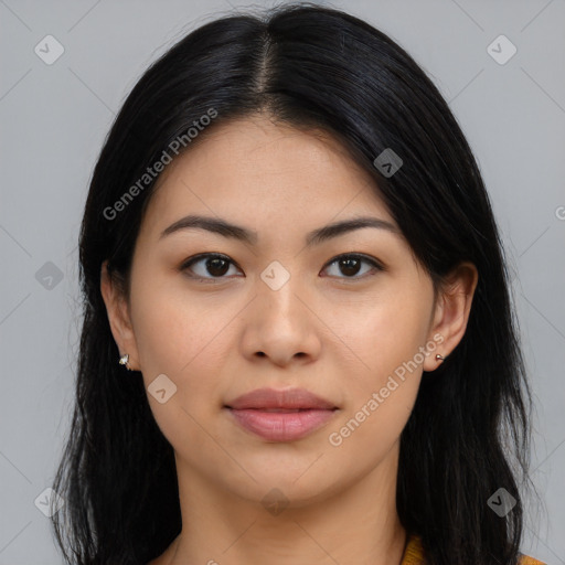 Joyful asian young-adult female with long  black hair and brown eyes