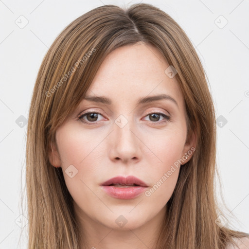 Neutral white young-adult female with long  brown hair and grey eyes