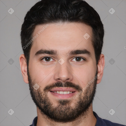 Joyful white young-adult male with short  black hair and brown eyes