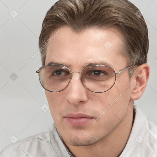 Neutral white adult male with short  brown hair and brown eyes