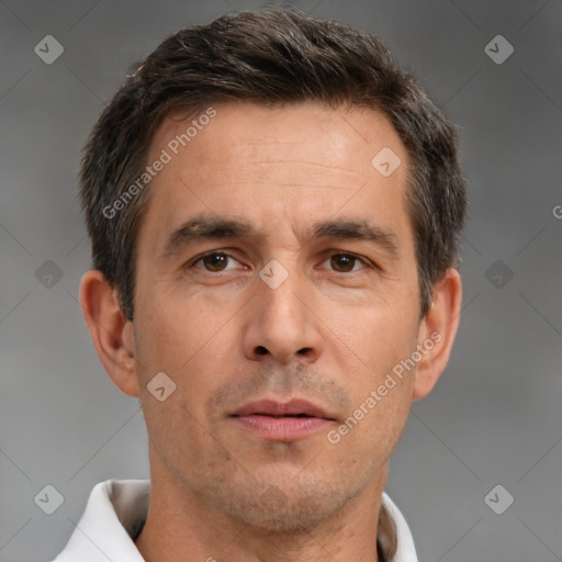 Neutral white adult male with short  brown hair and brown eyes