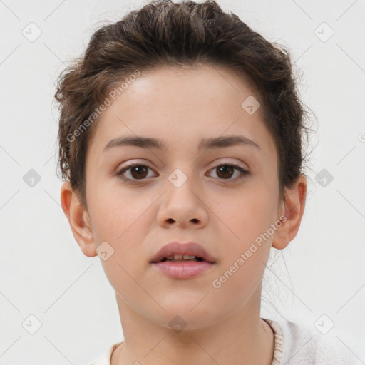 Neutral white young-adult female with short  brown hair and brown eyes