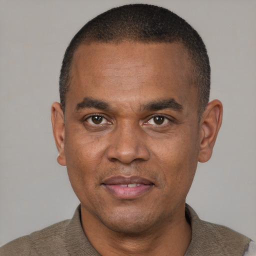 Joyful black young-adult male with short  brown hair and brown eyes