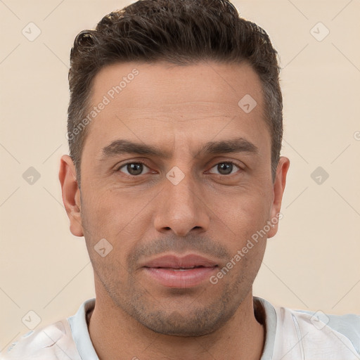 Joyful white young-adult male with short  brown hair and brown eyes