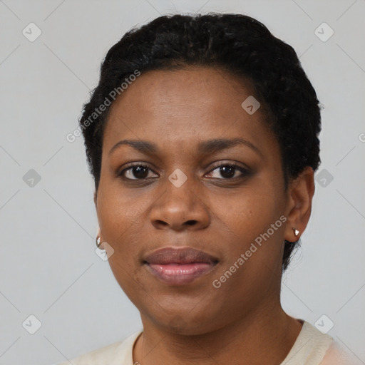 Neutral black young-adult female with short  black hair and brown eyes