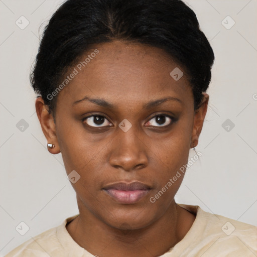 Neutral black young-adult female with short  black hair and brown eyes