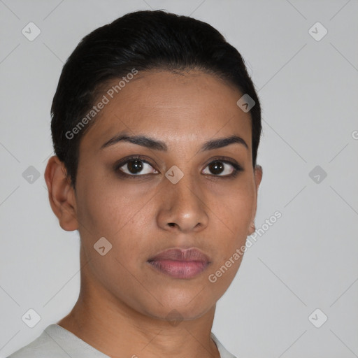 Neutral latino young-adult female with short  black hair and brown eyes