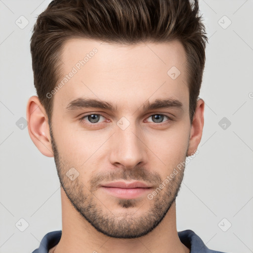 Neutral white young-adult male with short  brown hair and brown eyes