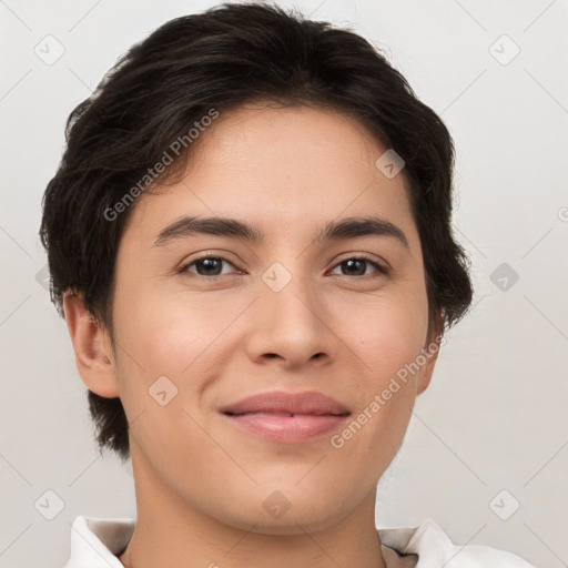 Joyful white young-adult female with short  brown hair and brown eyes