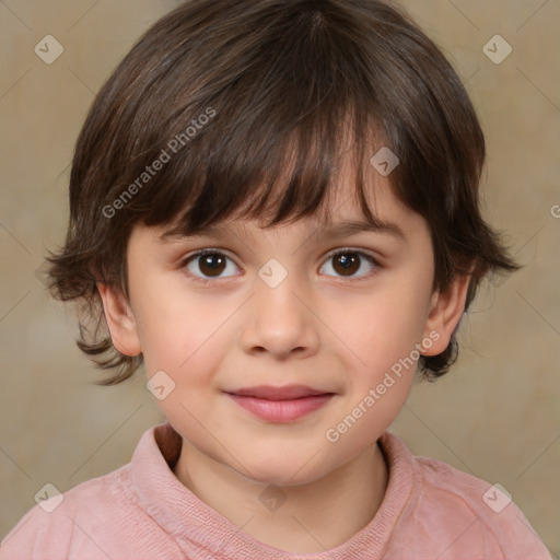 Joyful white child female with medium  brown hair and brown eyes