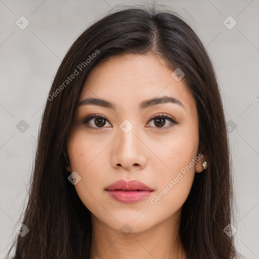 Neutral asian young-adult female with long  brown hair and brown eyes