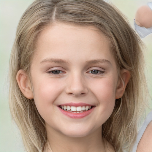 Joyful white child female with medium  brown hair and grey eyes