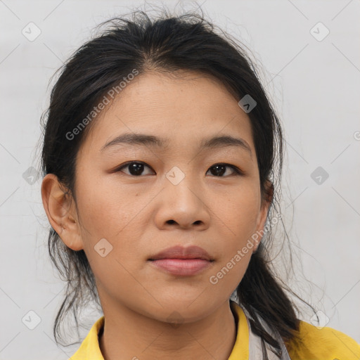 Neutral asian young-adult female with medium  brown hair and brown eyes