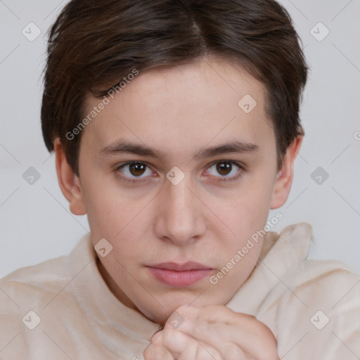 Neutral white young-adult female with short  brown hair and brown eyes