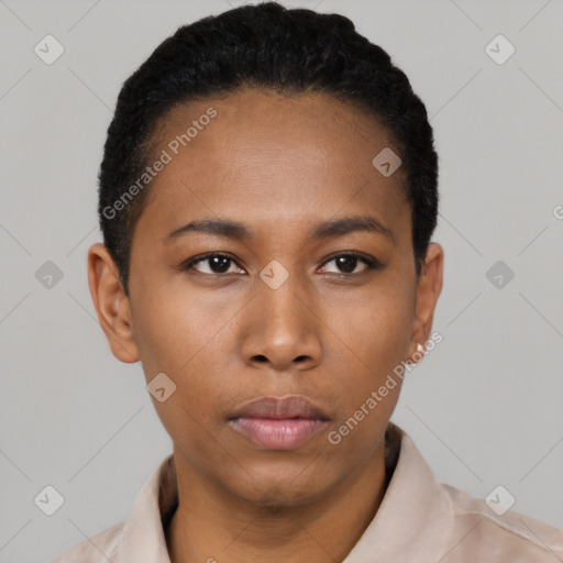 Neutral black young-adult female with short  black hair and brown eyes