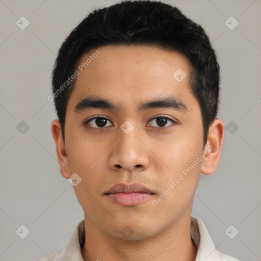 Neutral asian young-adult male with short  black hair and brown eyes