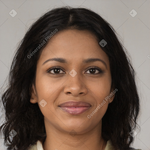 Joyful black young-adult female with medium  brown hair and brown eyes