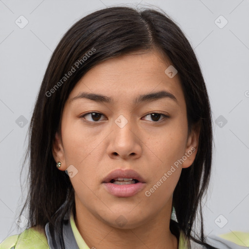 Neutral white young-adult female with medium  brown hair and brown eyes