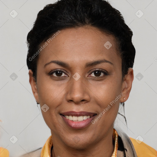 Joyful latino young-adult female with short  brown hair and brown eyes