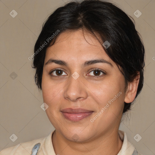 Joyful white adult female with medium  brown hair and brown eyes