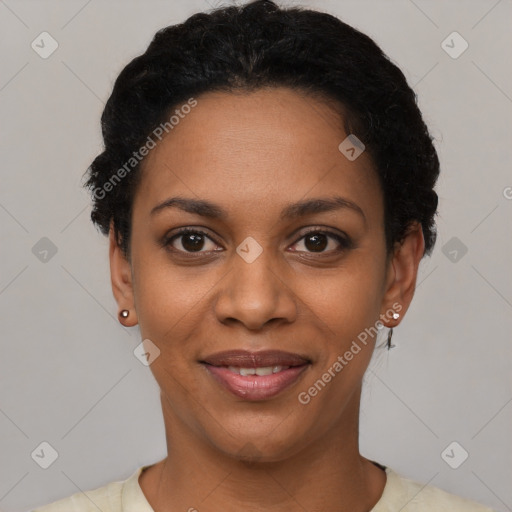 Joyful latino young-adult female with short  black hair and brown eyes