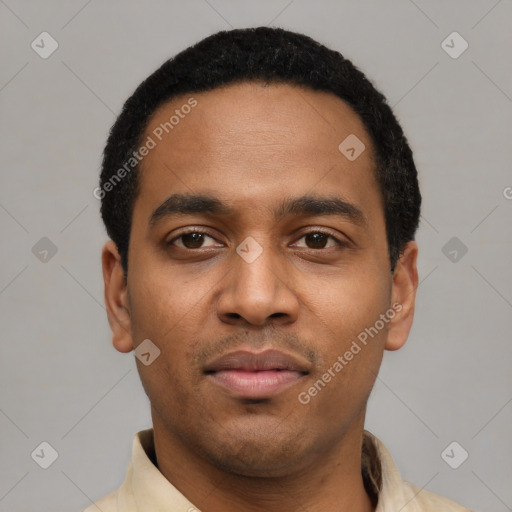 Neutral latino young-adult male with short  black hair and brown eyes