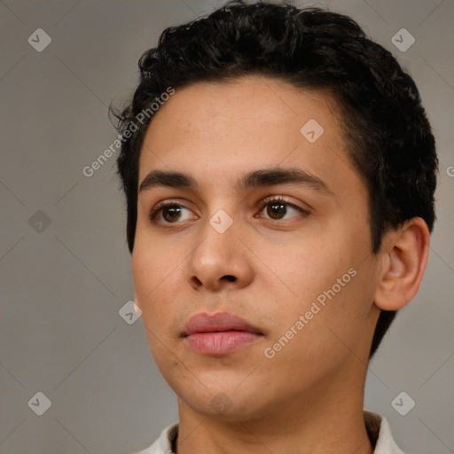 Neutral white young-adult male with short  black hair and brown eyes