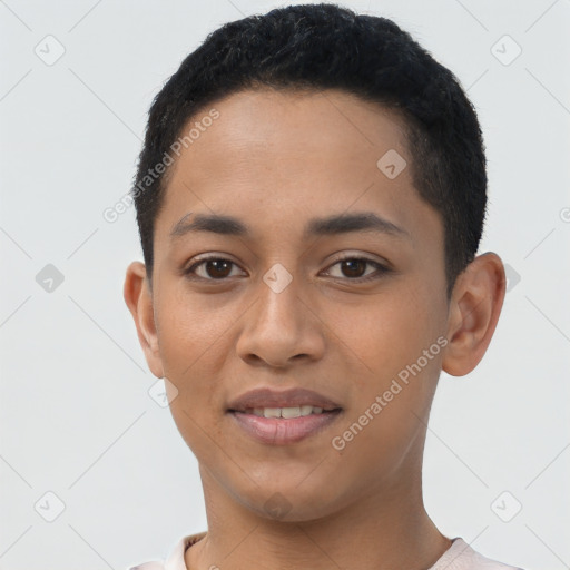 Joyful latino young-adult female with short  brown hair and brown eyes