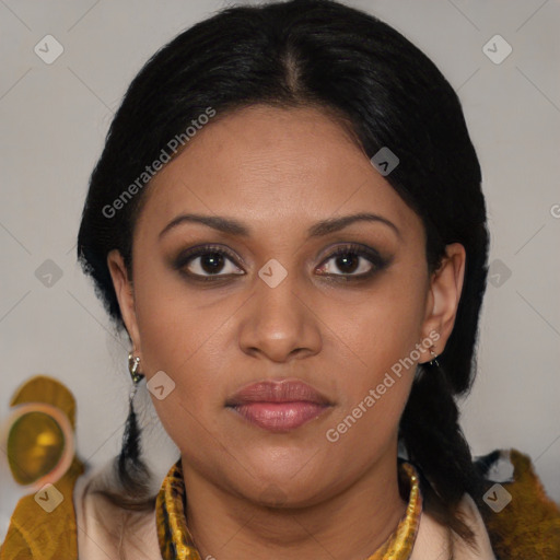 Joyful latino young-adult female with medium  brown hair and brown eyes