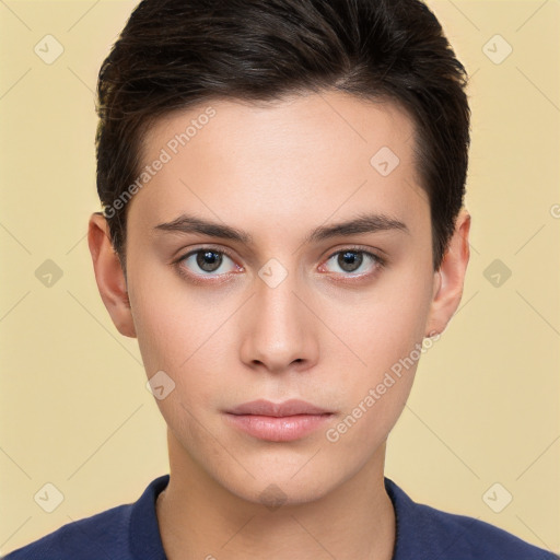 Neutral white young-adult male with short  brown hair and brown eyes