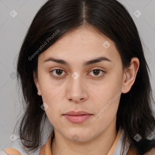 Neutral white young-adult female with long  brown hair and brown eyes