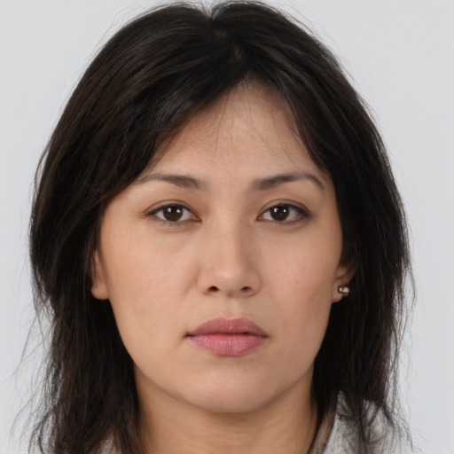 Neutral asian young-adult female with long  brown hair and brown eyes