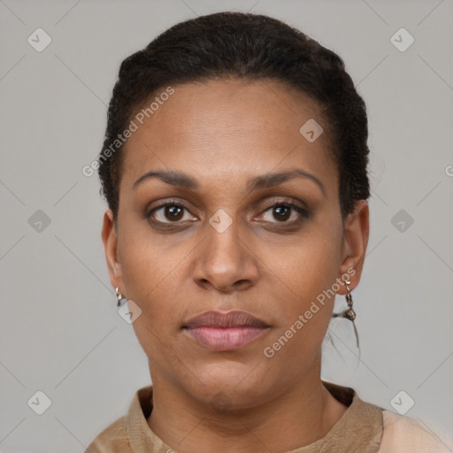 Joyful black adult female with short  brown hair and brown eyes