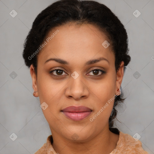 Joyful latino young-adult female with short  brown hair and brown eyes